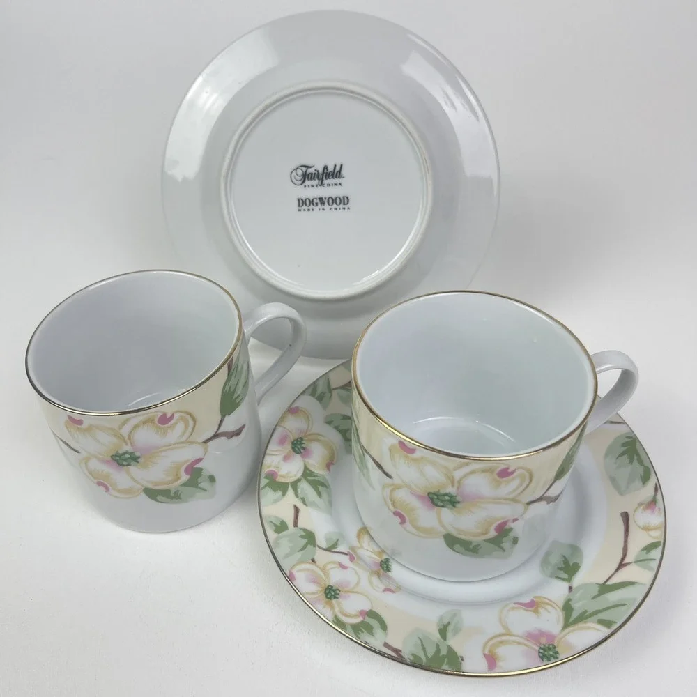 Fairfield Dogwood Fine China Cup and Saucer Set of 2 Green Pink Gold Rimmed